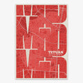 Mapa del barrio de Tetuán, Madrid, en mi diseño la Inseparable, una visión artística con una tipografía expresiva que muestra la abreviatura del nombre sobre el mapa detallado diseñado en rojo y fondo blanco roto