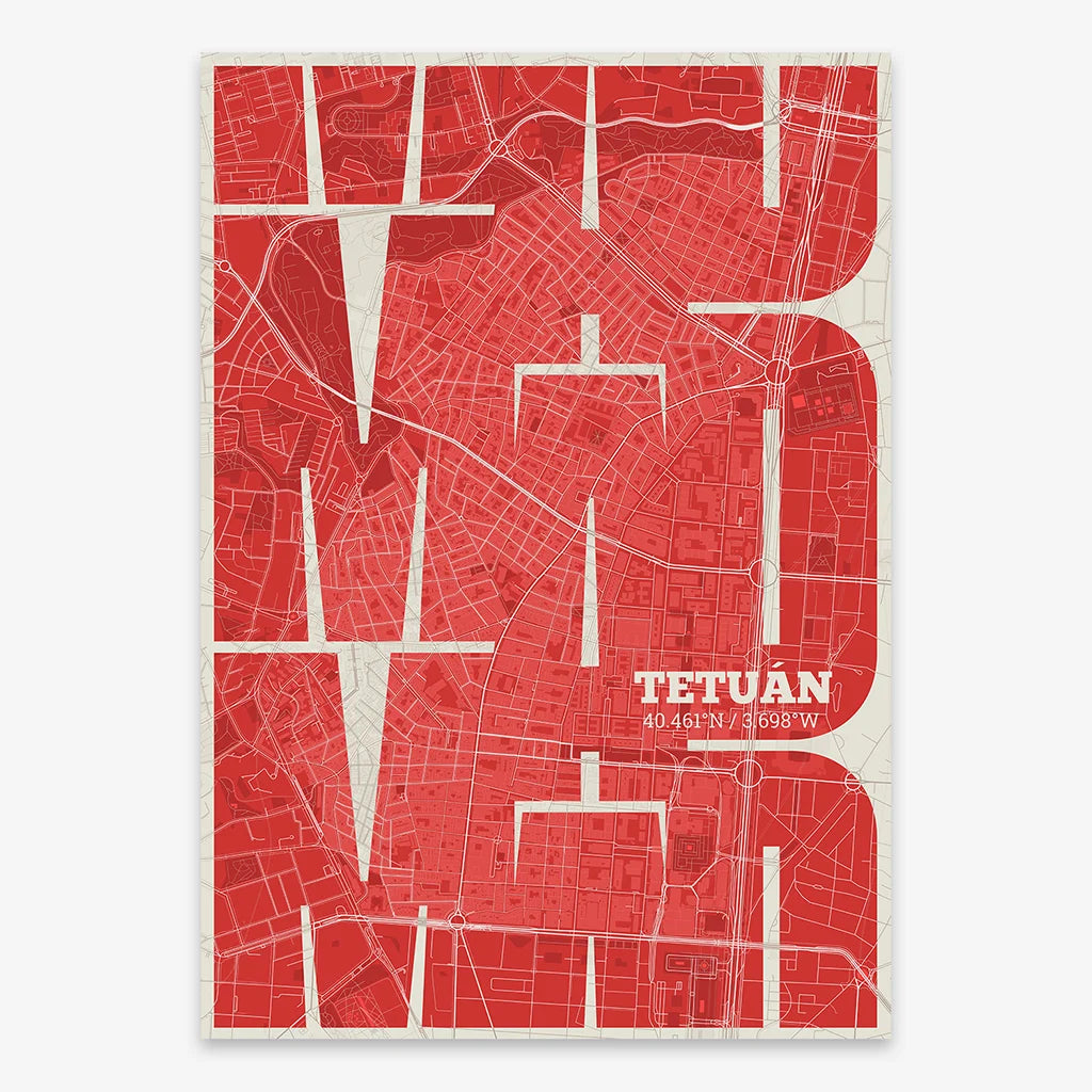 Poster of Madrid composed with letters from its abbreviation or its airport IATA code printed on red and an off-white background