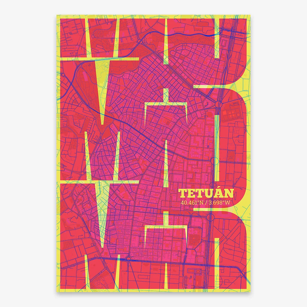 Poster of Madrid composed with letters from its abbreviation or its airport IATA code printed on yellow and fuchsia