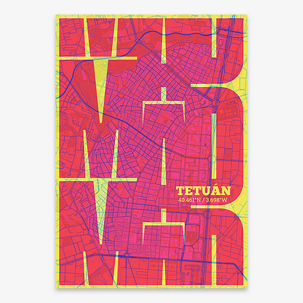 Poster of Madrid composed with letters from its abbreviation or its airport IATA code printed on yellow and fuchsia