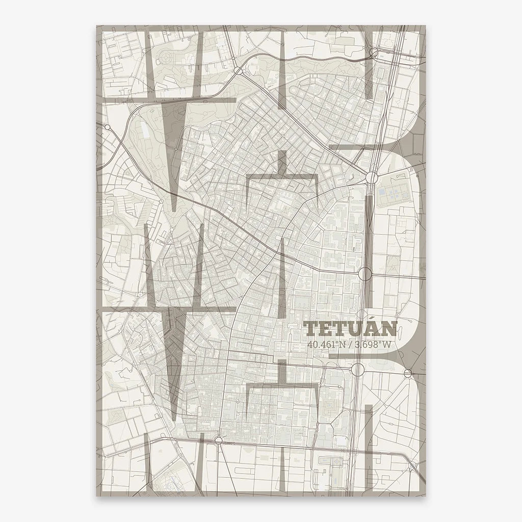 Poster of Madrid composed with letters from its abbreviation or its airport IATA code printed on light brown and an off-white background