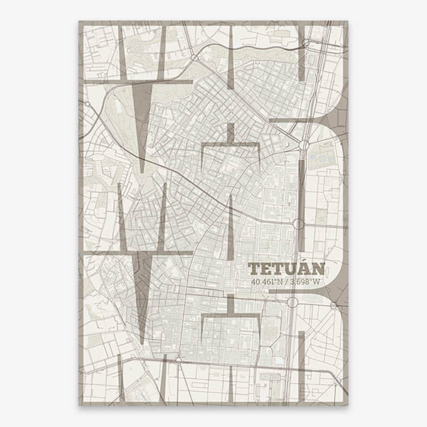 Poster of Madrid composed with letters from its abbreviation or its airport IATA code printed on light brown and an off-white background