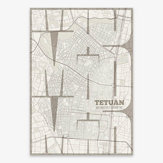 Poster of Madrid composed with letters from its abbreviation or its airport IATA code printed on light brown and an off-white background