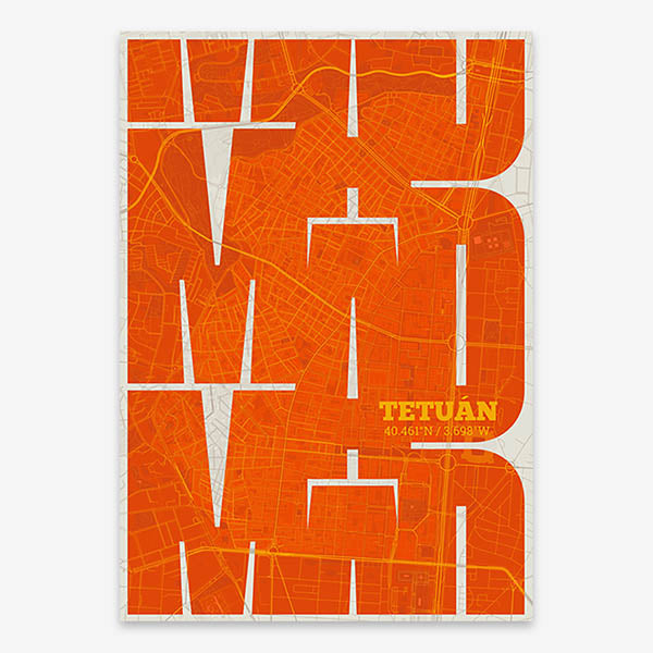 Poster of Madrid composed with letters from its abbreviation or its airport IATA code printed on orange and an off-white background