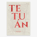 Decorative map of Madrid composed with letters in serif font printed on red and an off-white background