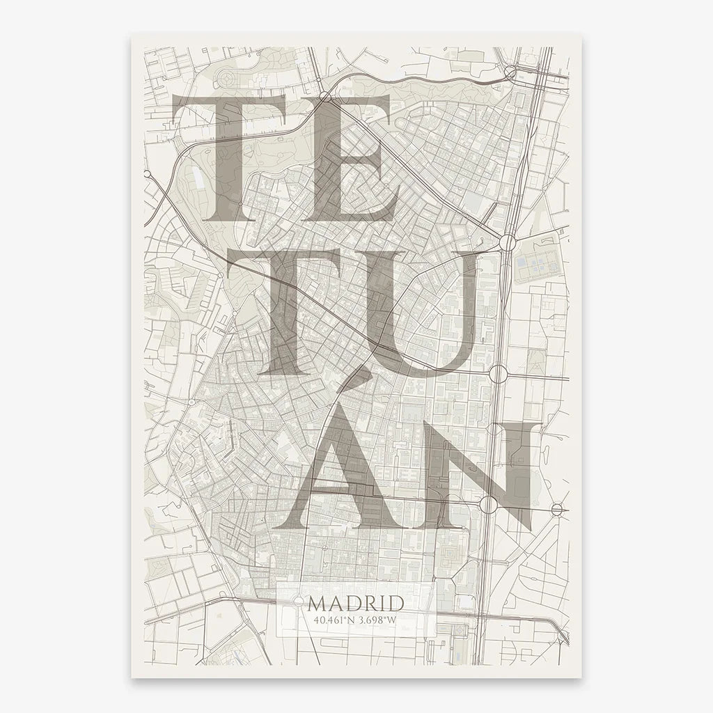 Decorative map of Madrid composed with letters in serif font printed on light brown and an off-white background