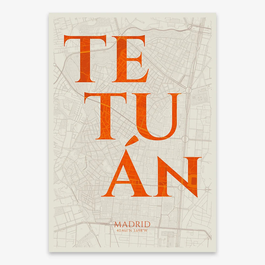 Decorative map of Madrid composed with letters in serif font printed on orange and an off-white background