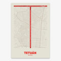 Mapa del barrio de Tetuán, Madrid, en el diseño la Ultrafina, una estética minimalista que combina cartografía urbana con letras modernas, finas y elegantes diseñado en rojo y fondo blanco roto