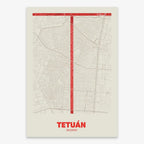 Mapa del barrio de Tetuán, Madrid, en el diseño la Ultrafina, una estética minimalista que combina cartografía urbana con letras modernas, finas y elegantes diseñado en rojo y fondo blanco roto