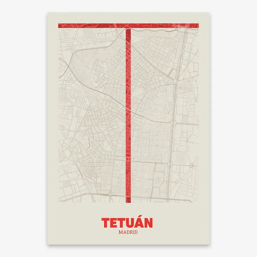Mapa del barrio de Tetuán, Madrid, en el diseño la Ultrafina, una estética minimalista que combina cartografía urbana con letras modernas, finas y elegantes diseñado en rojo y fondo blanco roto