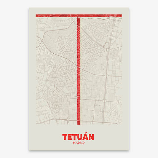 Decorative print of Madrid composed with letters in a heavy geometric font printed on red and an off-white background