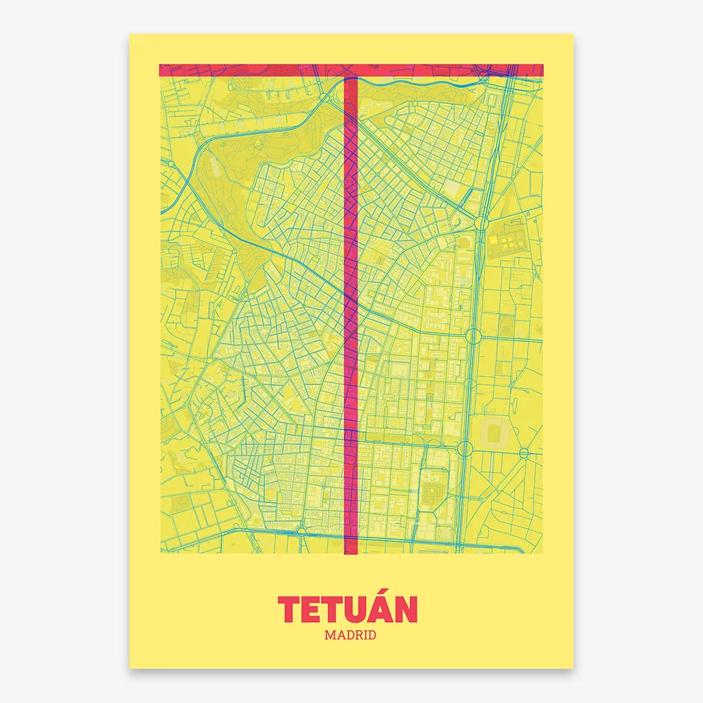 Decorative print of Madrid composed with letters in a heavy geometric font printed on yellow and fuchsia