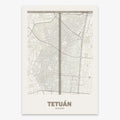 Mapa del barrio de Tetuán, Madrid, en el diseño la Ultrafina, una estética minimalista que combina cartografía urbana con letras modernas, finas y elegantes diseñado en marrón claro y fondo blanco roto