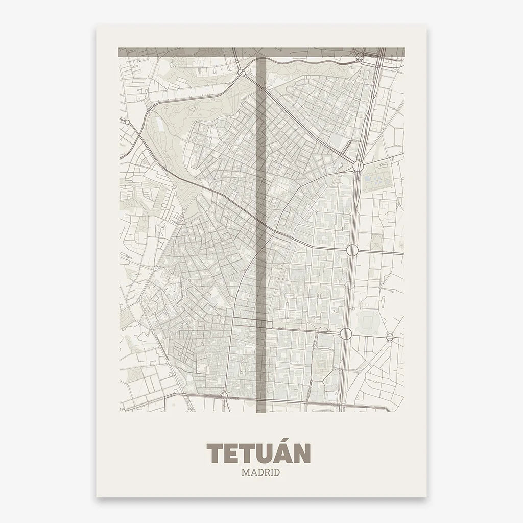 Decorative print of Madrid composed with letters in a heavy geometric font printed on light brown and an off-white background