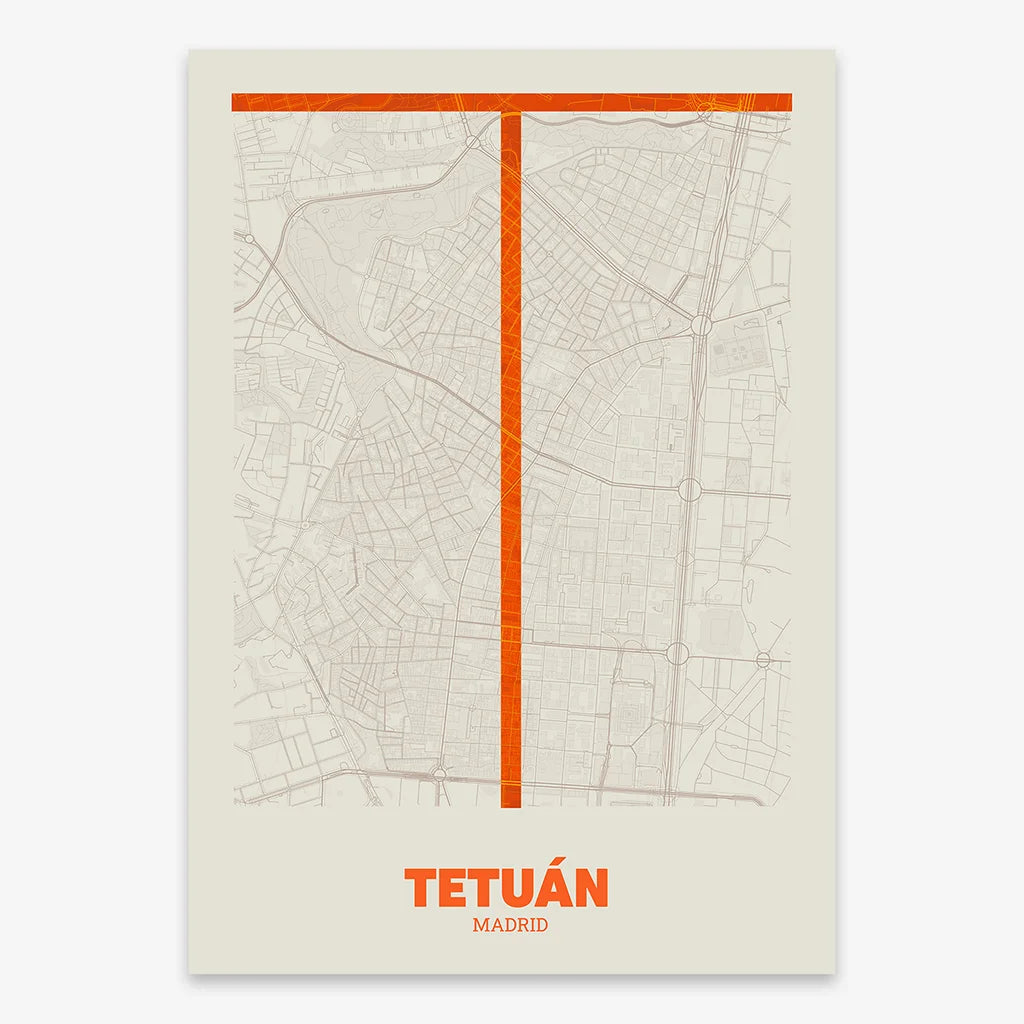Decorative print of Madrid composed with letters in a heavy geometric font printed on orange and an off-white background