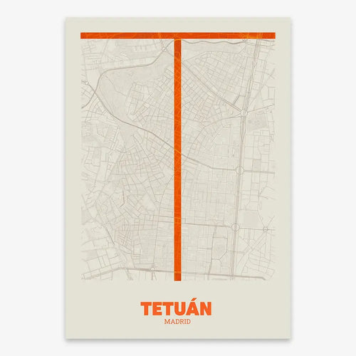 Mapa del barrio de Tetuán, Madrid, en el diseño la Ultrafina, una estética minimalista que combina cartografía urbana con letras modernas, finas y elegantes diseñado en naranja y fondo blanco roto