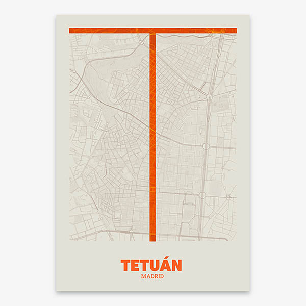 Decorative print of Madrid composed with letters in a heavy geometric font printed on orange and an off-white background