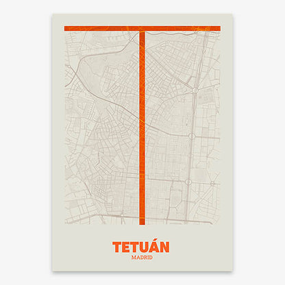 Decorative print of Madrid composed with letters in a heavy geometric font printed on orange and an off-white background