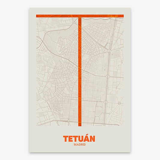 Decorative print of Madrid composed with letters in a heavy geometric font printed on orange and an off-white background