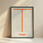 Cuadro del barrio de Tetuán, Madrid, en el diseño la Ultrafina, una estética minimalista que combina cartografía urbana con letras modernas, finas y elegantes diseñado en naranja y fondo blanco roto con impresión sin márgenes, apoyado contra la pared