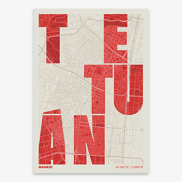 Decorative print of Madrid with letters of its name placed randomly, designed in red and an off-white background