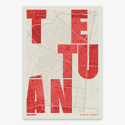 Decorative print of Madrid with letters of its name placed randomly, designed in red and an off-white background