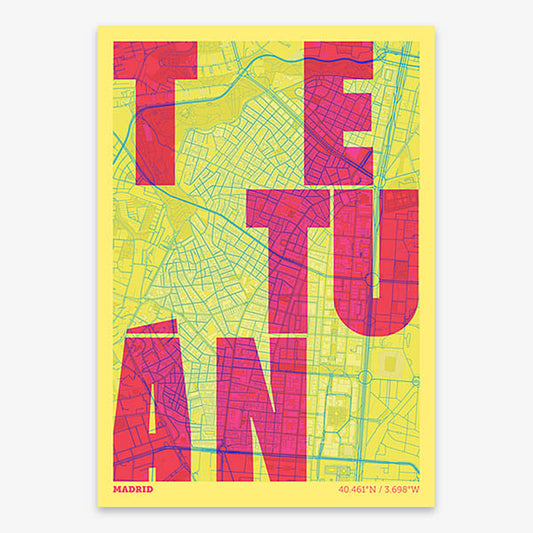 Decorative print of Madrid with letters of its name placed randomly, designed in yellow and fuchsia