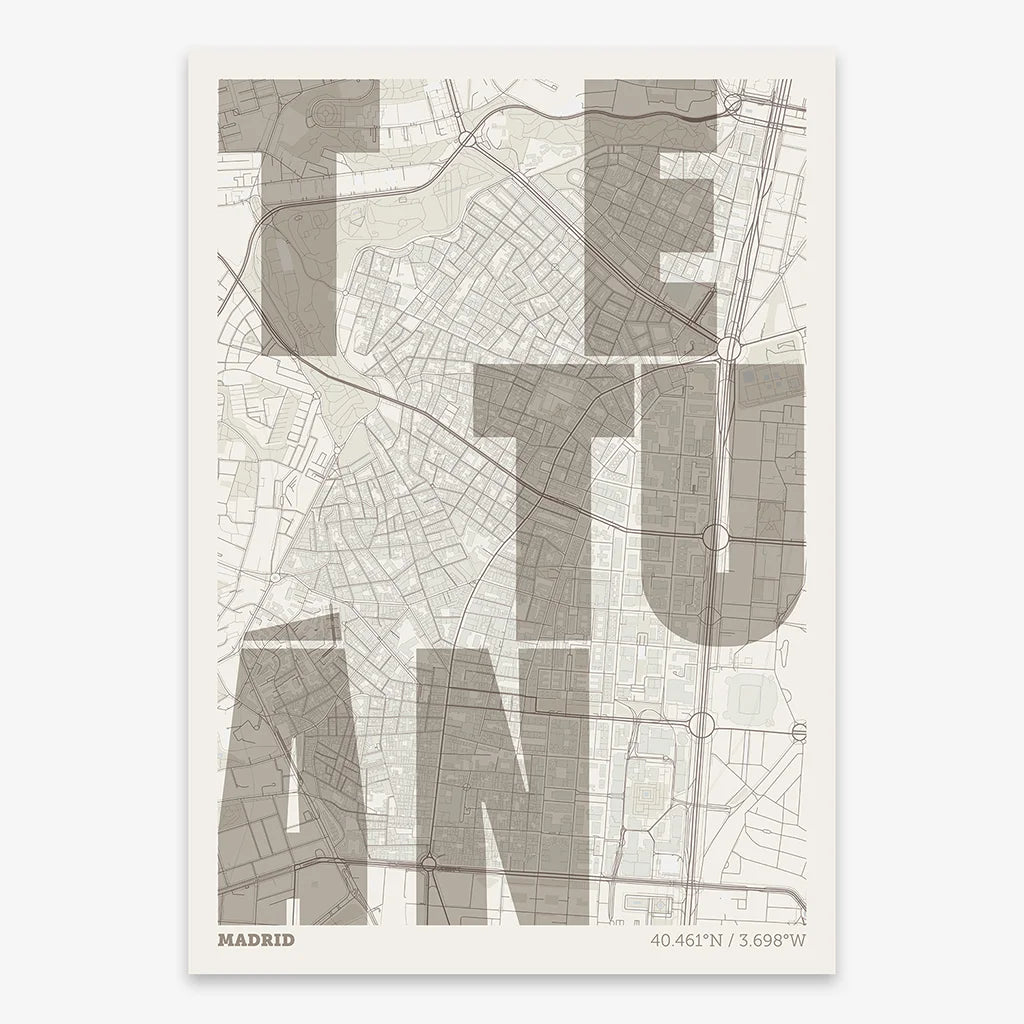Decorative print of Madrid with letters of its name placed randomly, designed in light brown and an off-white background