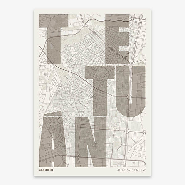 Decorative print of Madrid with letters of its name placed randomly, designed in light brown and an off-white background