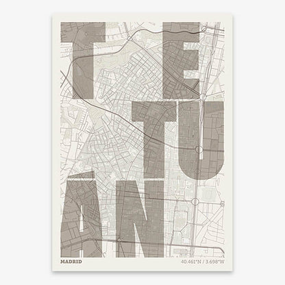 Decorative print of Madrid with letters of its name placed randomly, designed in light brown and an off-white background