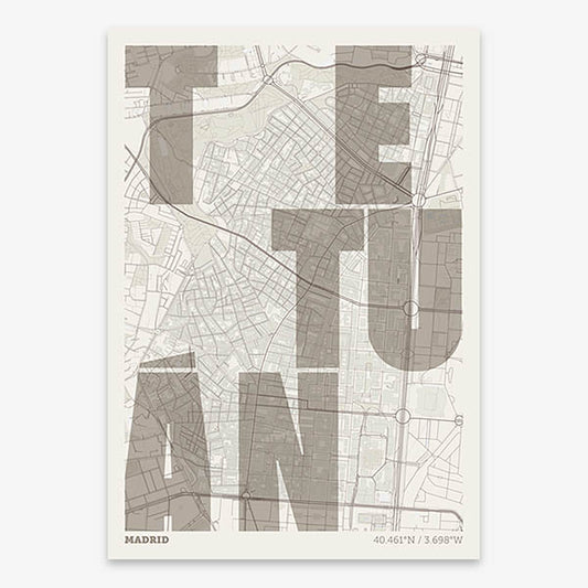 Decorative print of Madrid with letters of its name placed randomly, designed in light brown and an off-white background
