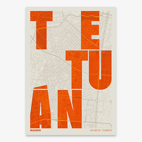 Decorative map of Madrid and letters of its name in a giclée print designed in orange and an off-white background