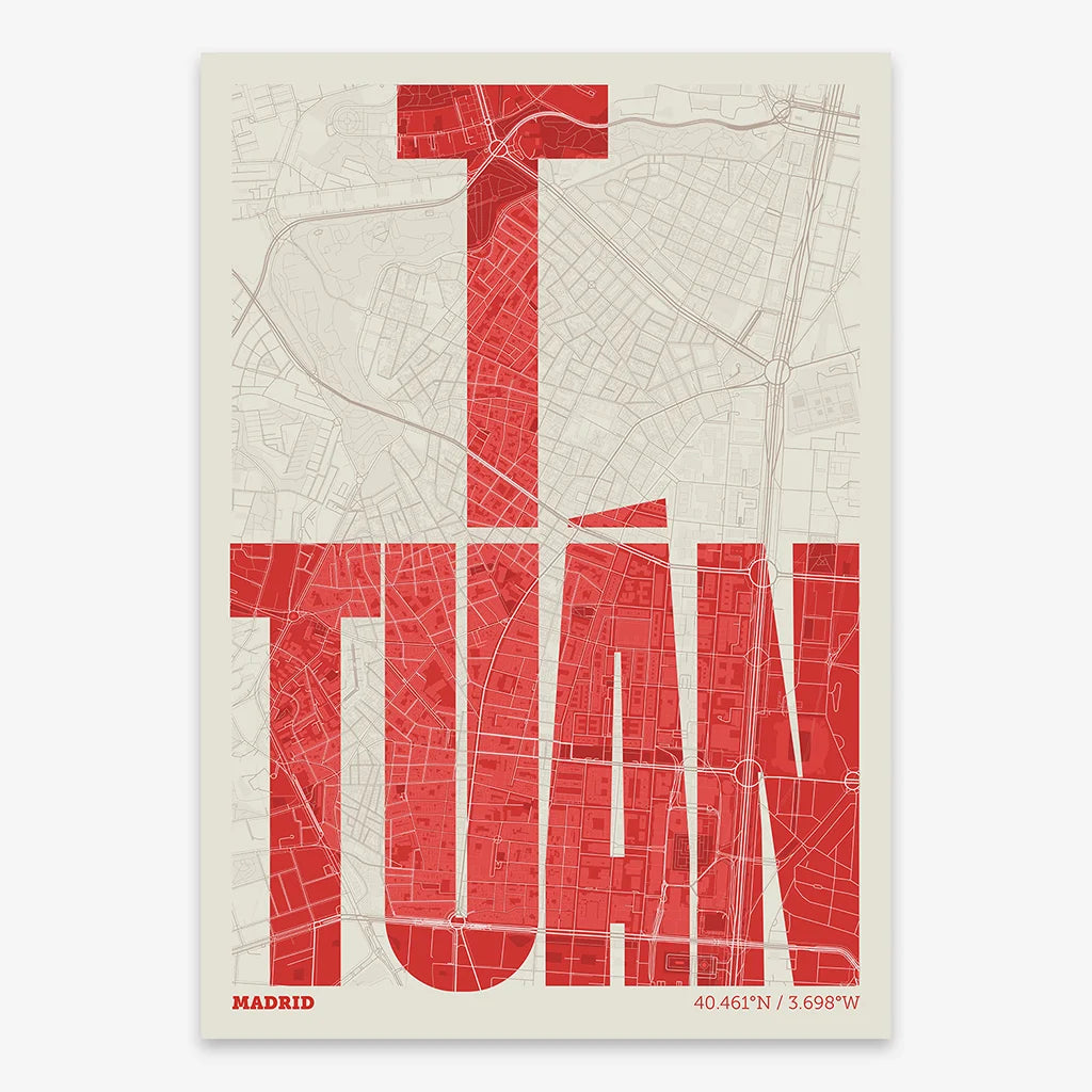 Decorative map of Madrid and letters of its name in a giclée print designed in red and an off-white background
