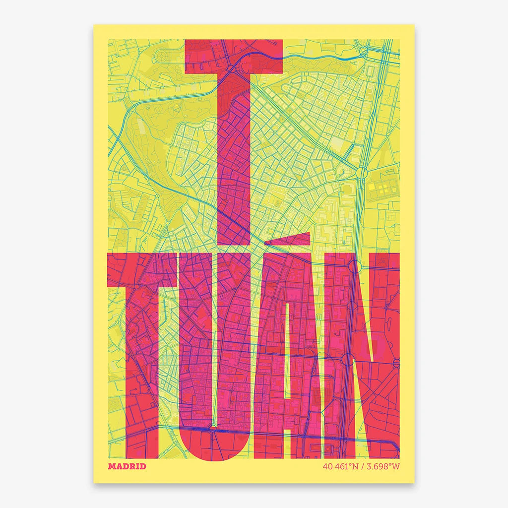 Decorative map of Madrid and letters of its name in a giclée print designed in yellow and fuchsia