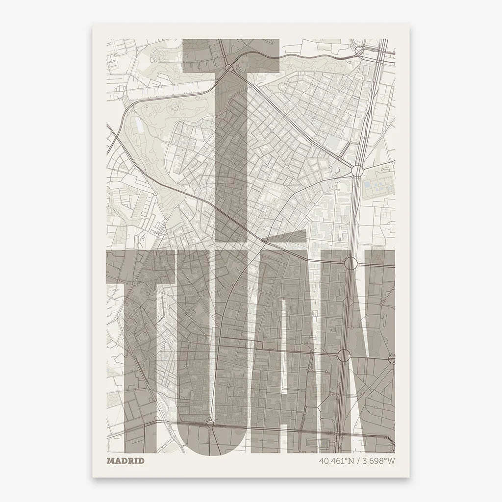 Decorative map of Madrid and letters of its name in a giclée print designed in light brown and an off-white background