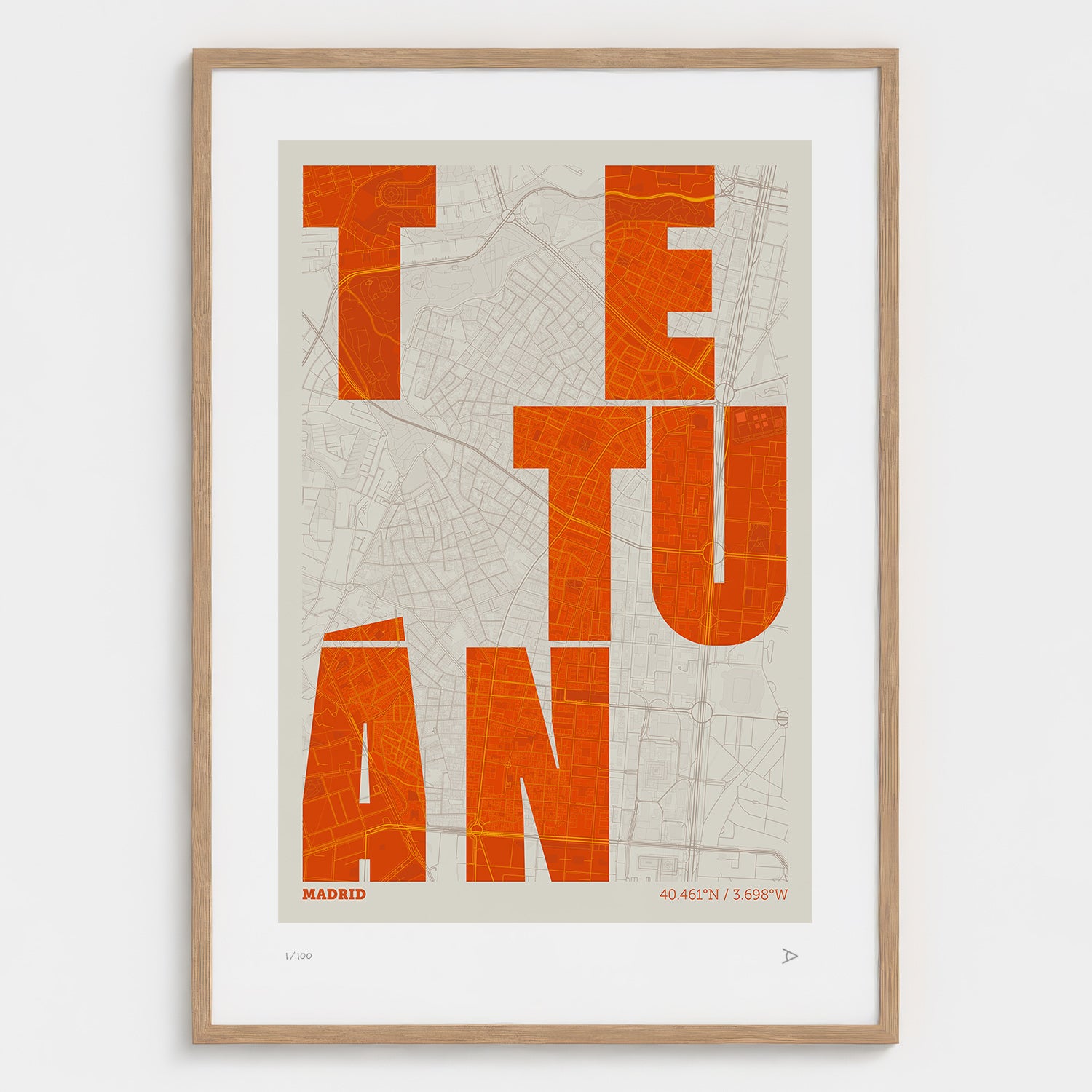 Lámina tipográfica de Tetuán – diseño Revoltosa, marco de madera natural