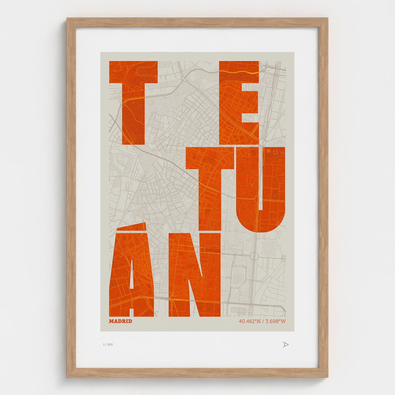 Lámina tipográfica de Tetuán – diseño Revoltosa, marco de madera natural