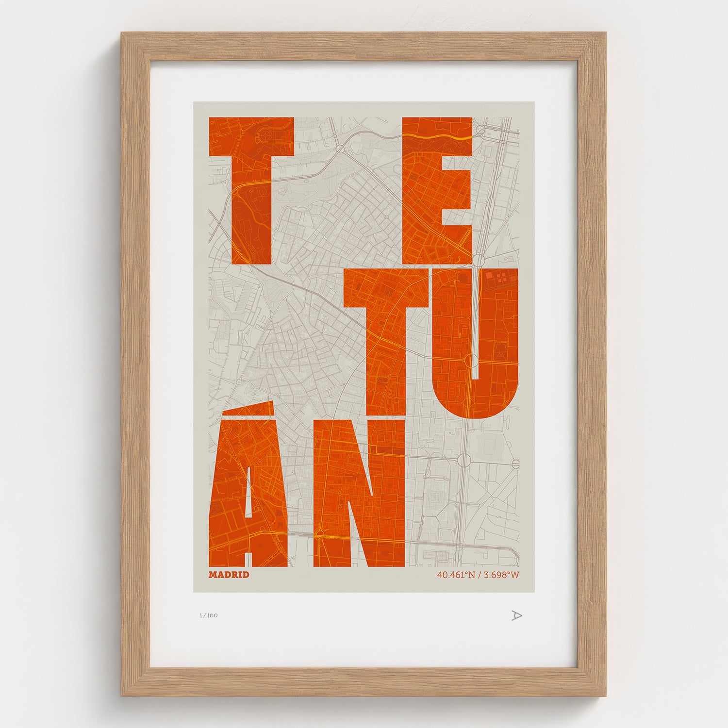 Lámina tipográfica de Tetuán – diseño Revoltosa, marco de madera natural