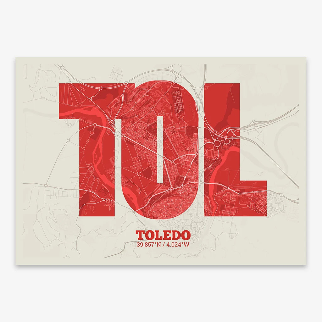 Decorative print of Toledo composed with letters in a heavy geometric font printed on red and an off-white background