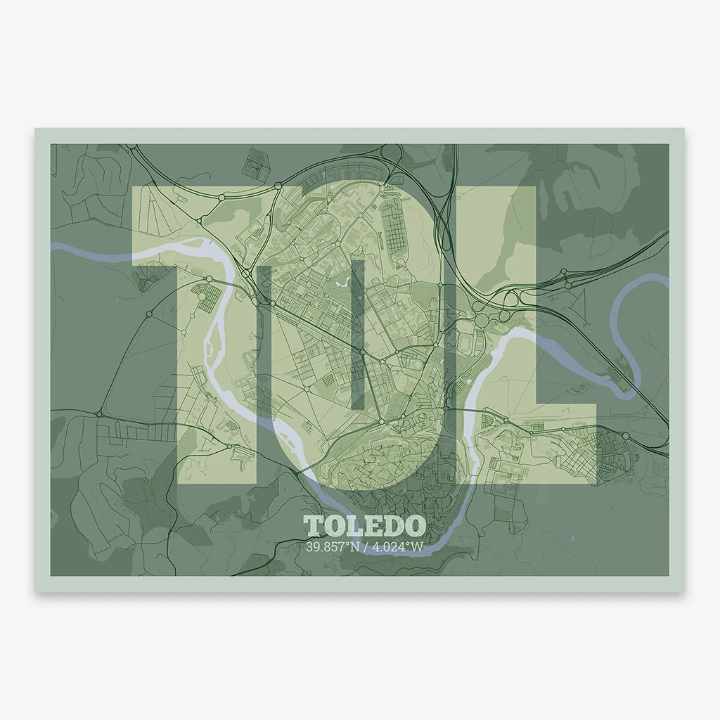 Decorative print of Toledo composed with letters in a heavy geometric font printed on two green tones