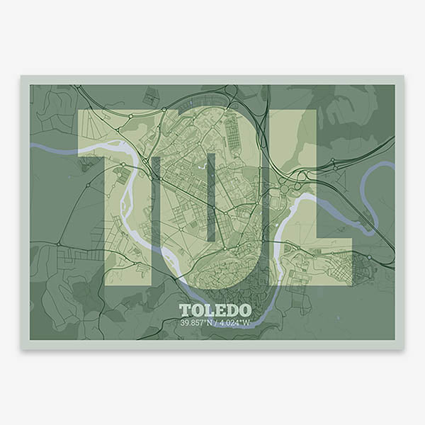 Decorative print of Toledo composed with letters in a heavy geometric font printed on two green tones