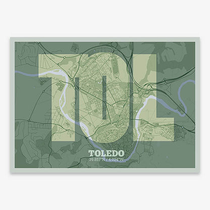 Decorative print of Toledo composed with letters in a heavy geometric font printed on two green tones