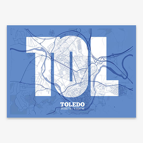 Decorative print of Toledo composed with letters in a heavy geometric font printed on navy blue and white