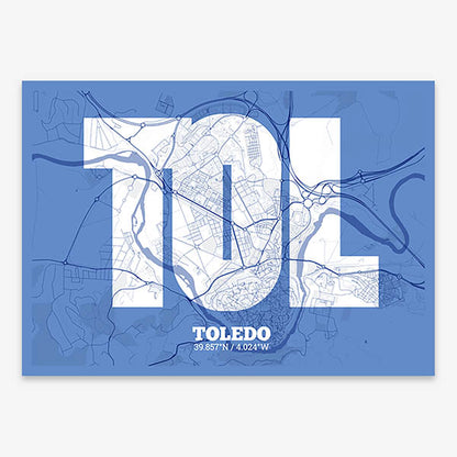 Decorative print of Toledo composed with letters in a heavy geometric font printed on navy blue and white