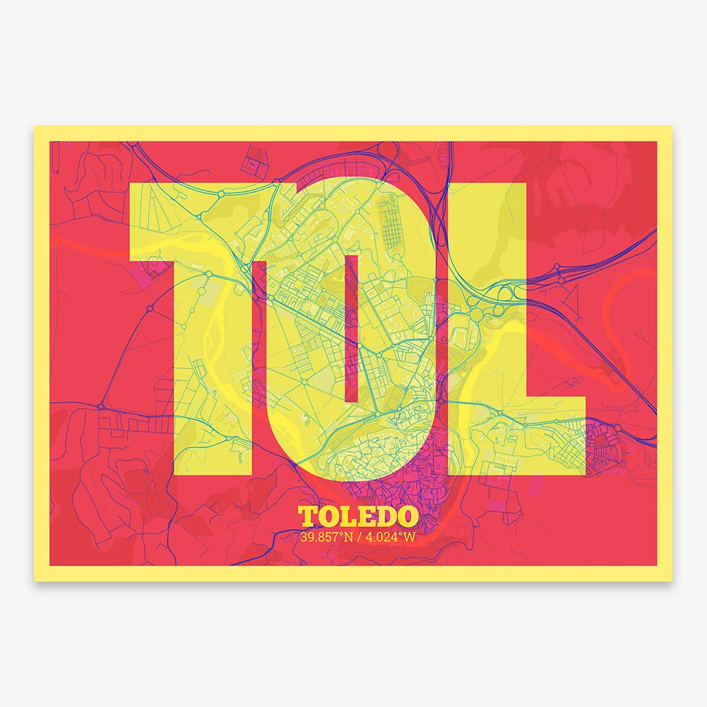 Decorative print of Toledo composed with letters in a heavy geometric font printed on yellow and fuchsia