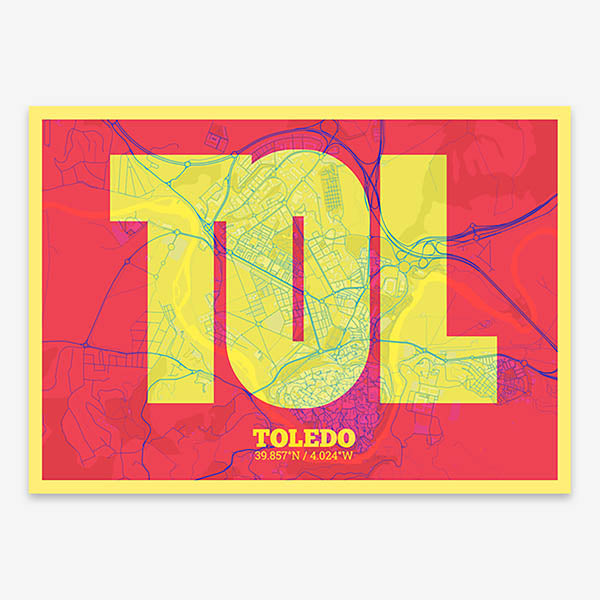 Decorative print of Toledo composed with letters in a heavy geometric font printed on yellow and fuchsia