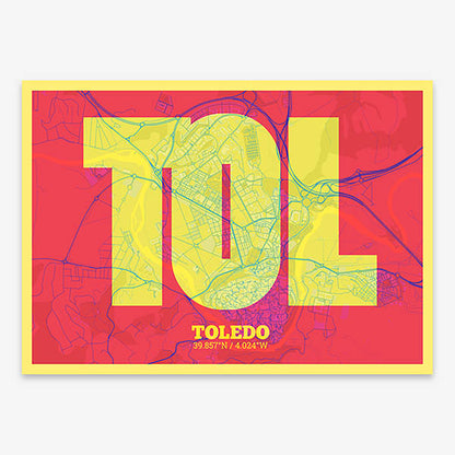 Decorative print of Toledo composed with letters in a heavy geometric font printed on yellow and fuchsia