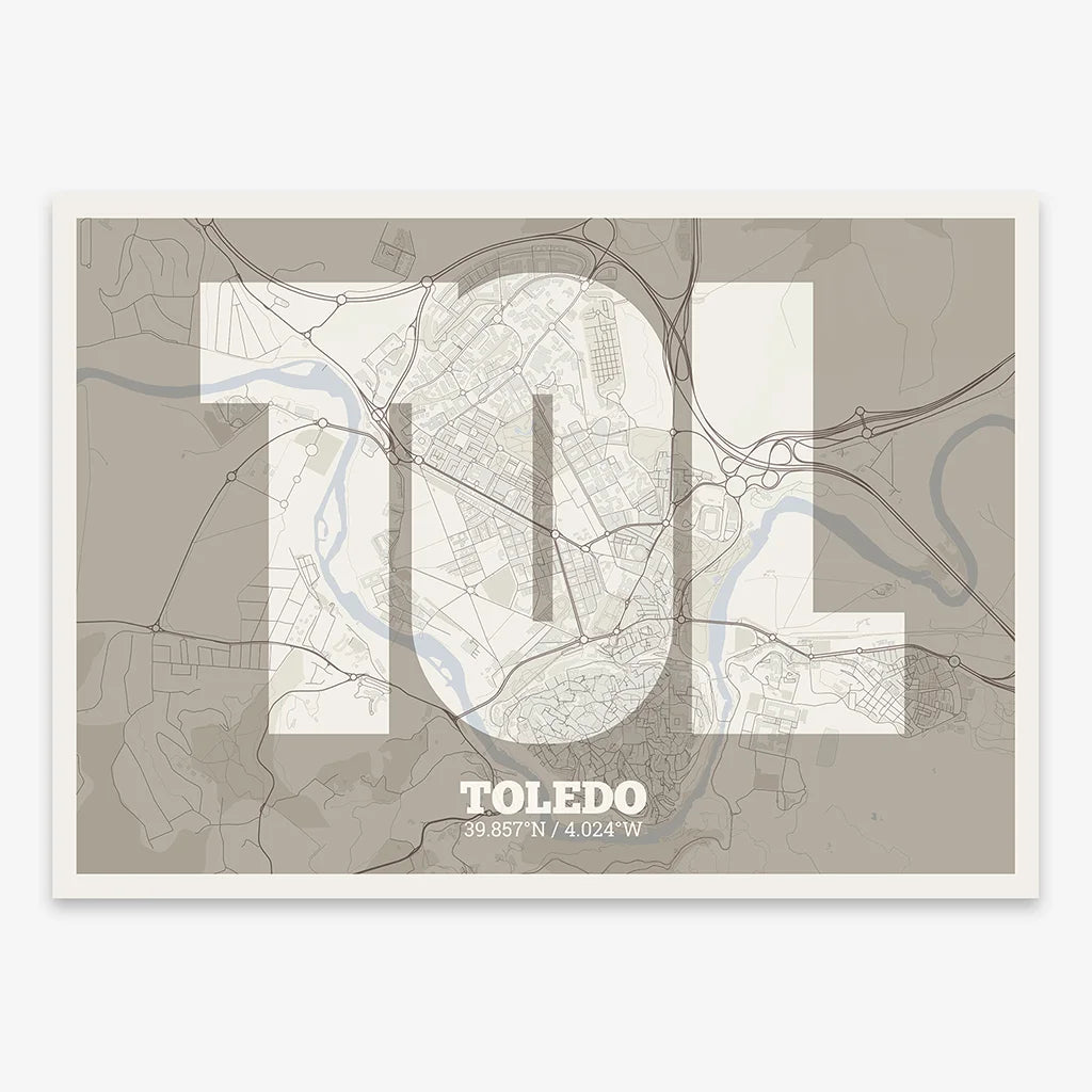Decorative print of Toledo composed with letters in a heavy geometric font printed on light brown and an off-white background