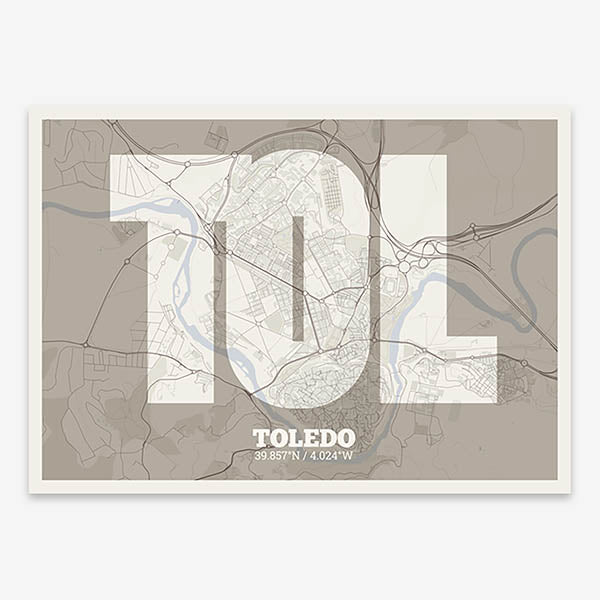 Decorative print of Toledo composed with letters in a heavy geometric font printed on light brown and an off-white background
