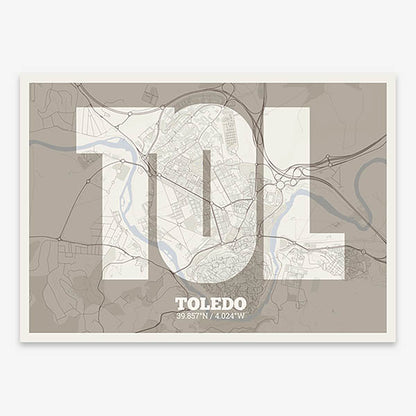 Decorative print of Toledo composed with letters in a heavy geometric font printed on light brown and an off-white background